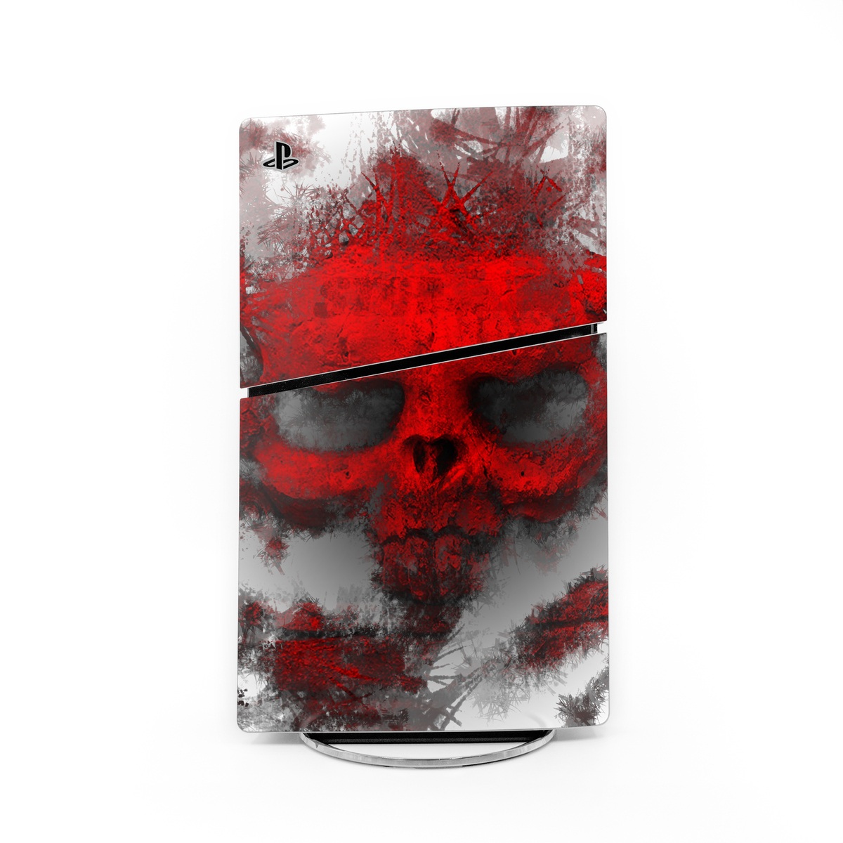 PlayStation 5 Slim Skin design of Red, Graphic design, Skull, Illustration, Bone, Graphics, Art, Fictional character, with red, gray, black, white colors