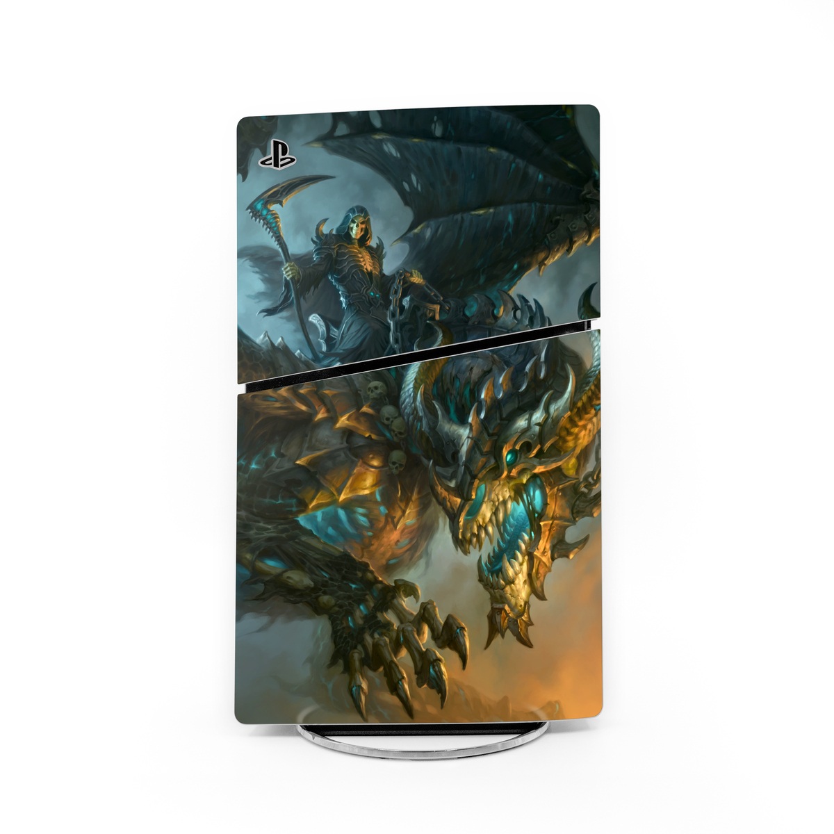 PlayStation 5 Slim Skin design of Dragon, Cg artwork, Fictional character, Mythical creature, Demon, Mythology, Illustration, Cryptid, Art, with orange, yellow, black, brown, blue, white colors