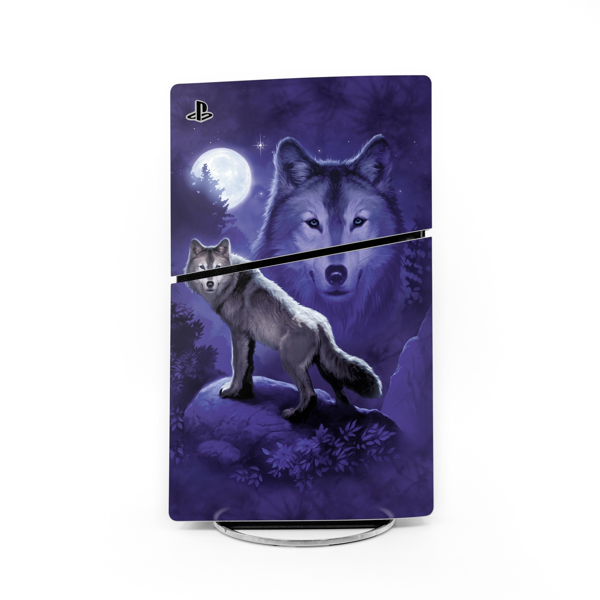 PlayStation 5 Slim Skin design of Wolf, Canidae, canis lupus tundrarum, Canis, Wolfdog, Dog, Native american indian dog, Wildlife, Sakhalin husky, Moonlight, with blue, black, gray colors