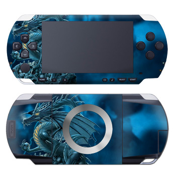 PSP 1st Gen Skin design of Cg artwork, Dragon, Mythology, Fictional character, Illustration, Mythical creature, Art, Demon, with blue, yellow colors