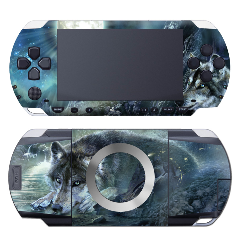 PSP 1st Gen Skin design of Cg artwork, Fictional character, Darkness, Werewolf, Illustration, Wolf, Mythical creature, Graphic design, Dragon, Mythology, with black, blue, gray, white colors