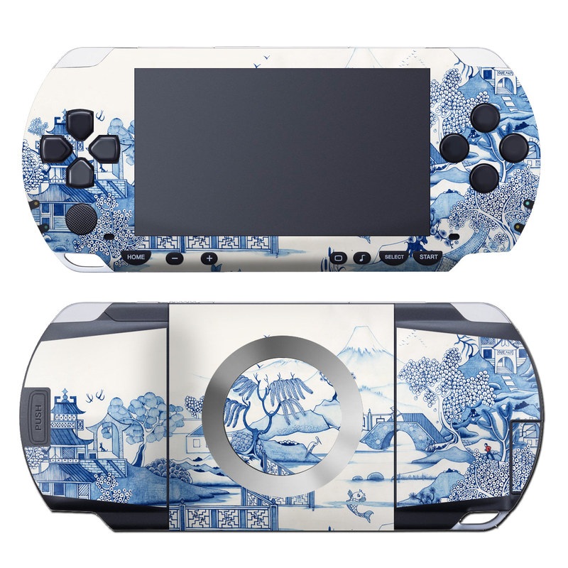 PSP 1st Gen Skin design of Blue, Blue and white porcelain, Winter, Christmas eve, Illustration, Snow, World, Art, with blue, white colors