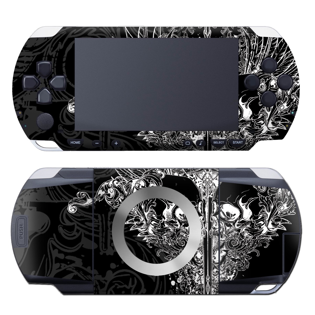 PSP 1st Gen Skin design of Illustration, Art, Design, Monochrome, Graphic design, Pattern, Fictional character, Skull, Black-and-white, Graphics, with black, gray colors