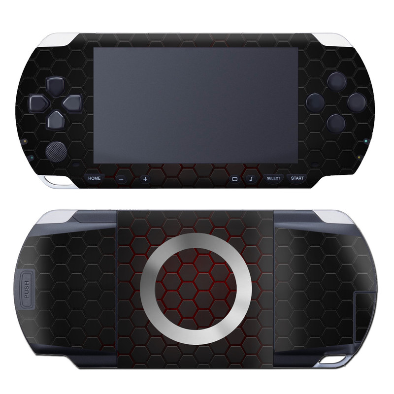 PSP 1st Gen Skin design of Black, Pattern, Metal, Design, Mesh, Carbon, Space, Wallpaper, with black, red colors