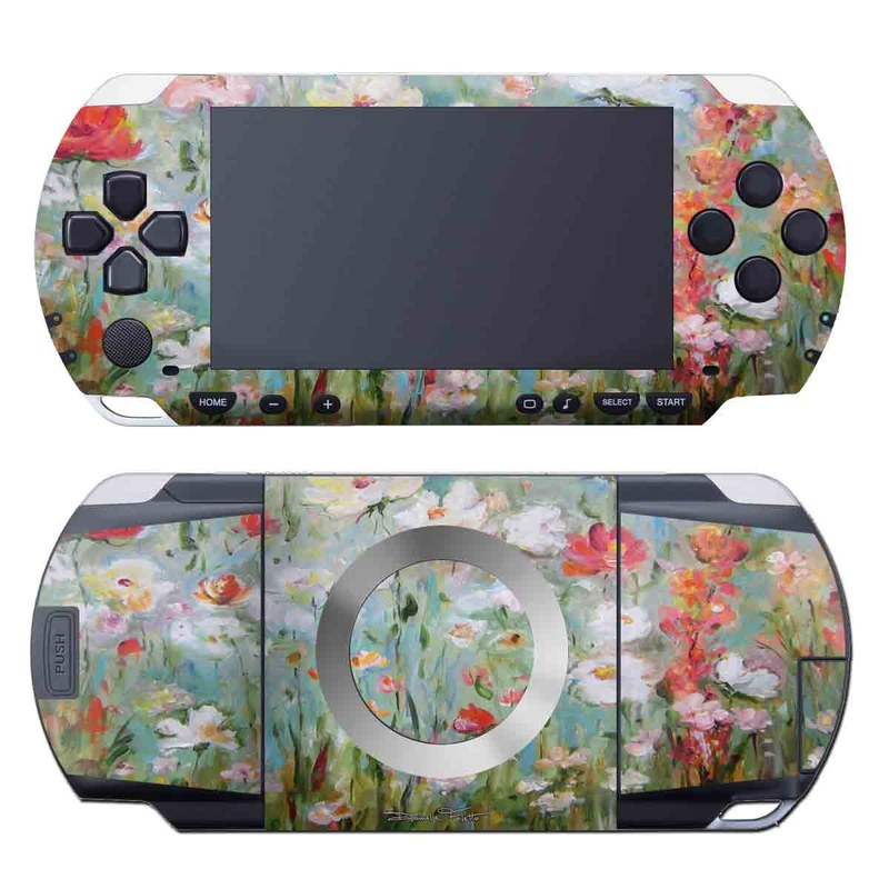 PSP 1st Gen Skin design of Flower, Painting, Watercolor paint, Plant, Modern art, Wildflower, Botany, Meadow, Acrylic paint, Flowering plant, with gray, black, green, red, blue colors
