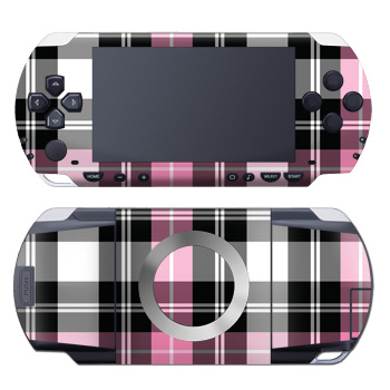 PSP 1st Gen Skin design of Plaid, Tartan, Pattern, Pink, Purple, Violet, Line, Textile, Magenta, Design, with black, gray, pink, red, white, purple colors