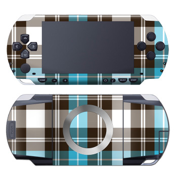 PSP 1st Gen Skin design of Plaid, Pattern, Tartan, Turquoise, Textile, Design, Brown, Line, Tints and shades, with gray, black, blue, white colors