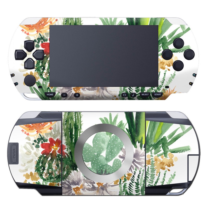 PSP 1st Gen Skin design of Cactus, Plant, Flower, Botany, Leaf, Illustration, Pine, Grass, Succulent plant, Branch, with white, green, red, orange colors