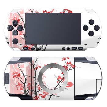 PSP 1st Gen Skin design of Branch, Red, Flower, Plant, Tree, Twig, Blossom, Botany, Pink, Spring, with white, pink, gray, red, black colors
