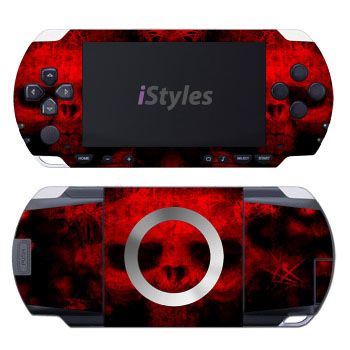 PSP 1st Gen Skin design of Red, Skull, Bone, Darkness, Mouth, Graphics, Pattern, Fiction, Art, Fractal art, with black, red colors