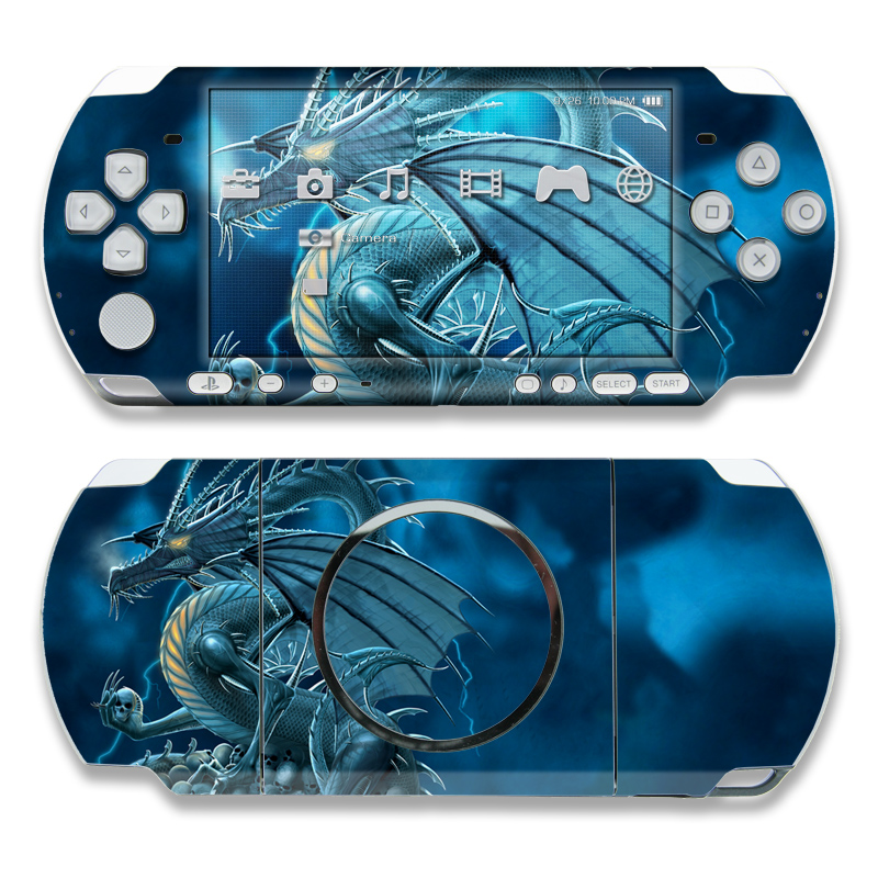 PSP 3rd Gen 3000 Skin design of Cg artwork, Dragon, Mythology, Fictional character, Illustration, Mythical creature, Art, Demon, with blue, yellow colors