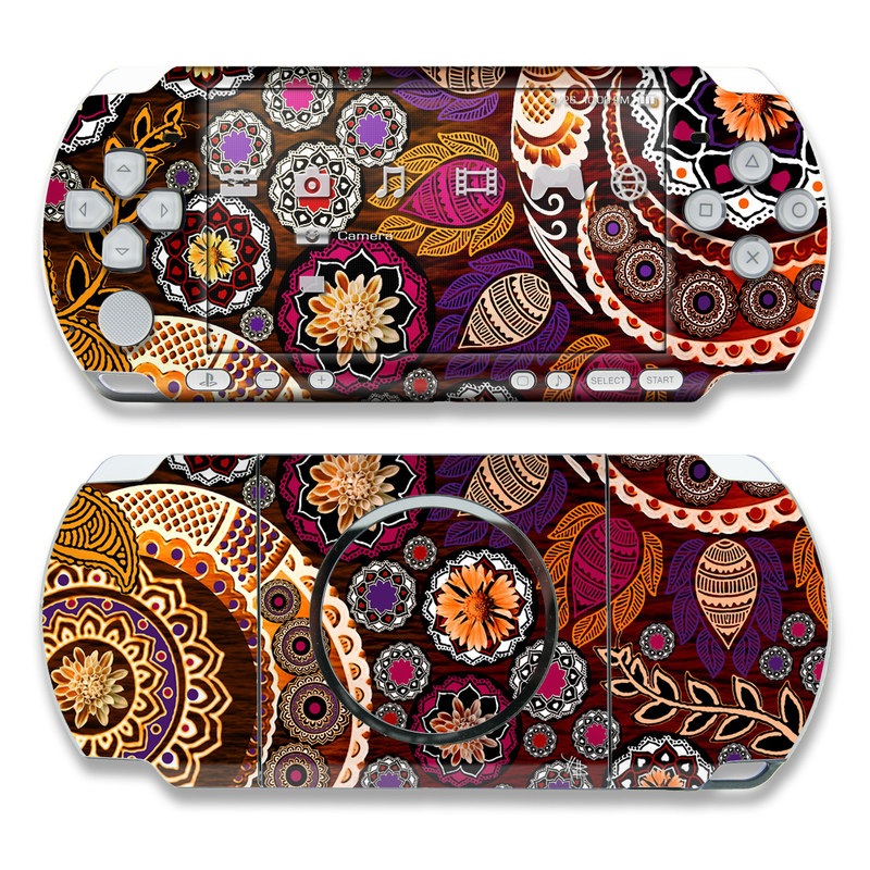 PSP 3rd Gen 3000 Skin design of Pattern, Motif, Visual arts, Design, Art, Floral design, Textile, Paisley, Tapestry, Circle, with brown, purple, red, white, black colors