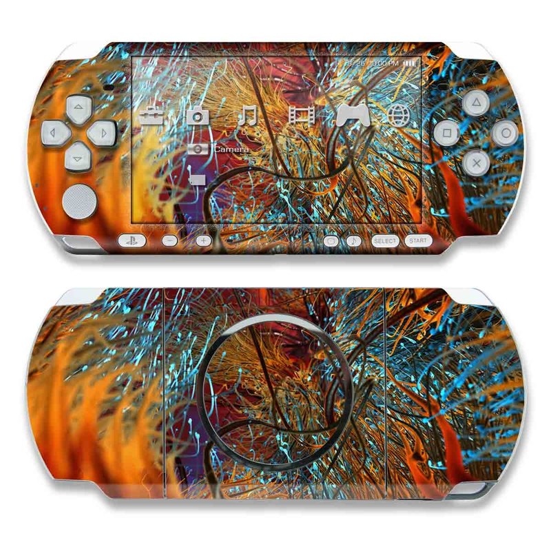 PSP 3rd Gen 3000 Skin design of Orange, Tree, Electric blue, Organism, Fractal art, Plant, Art, Graphics, Space, Psychedelic art, with orange, blue, red, yellow, purple colors