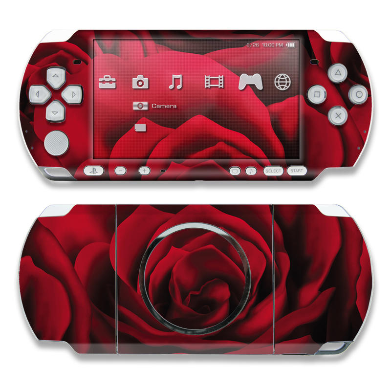 PSP 3rd Gen 3000 Skin design of Red, Garden roses, Rose, Petal, Flower, Nature, Floribunda, Rose family, Close-up, Plant, with black, red colors