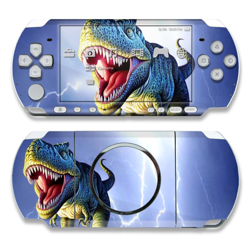 PSP 3rd Gen 3000 Skin design of Dinosaur, Extinction, Tyrannosaurus, Velociraptor, Tooth, Jaw, Organism, Mouth, Fictional character, Art, with blue, green, yellow, orange, red colors