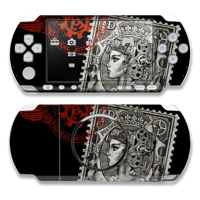 PSP 3rd Gen 3000 Skin design of Font, Postage stamp, Illustration, Drawing, Art, with black, gray, red colors