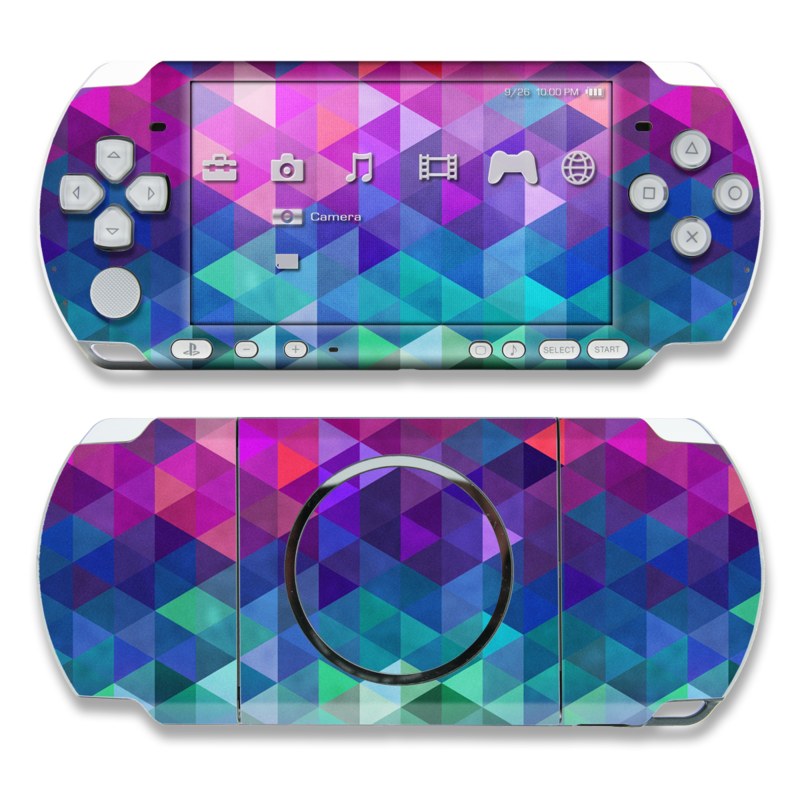 PSP 3rd Gen 3000 Skin design of Purple, Violet, Pattern, Blue, Magenta, Triangle, Line, Design, Graphic design, Symmetry, with blue, purple, green, red, pink colors