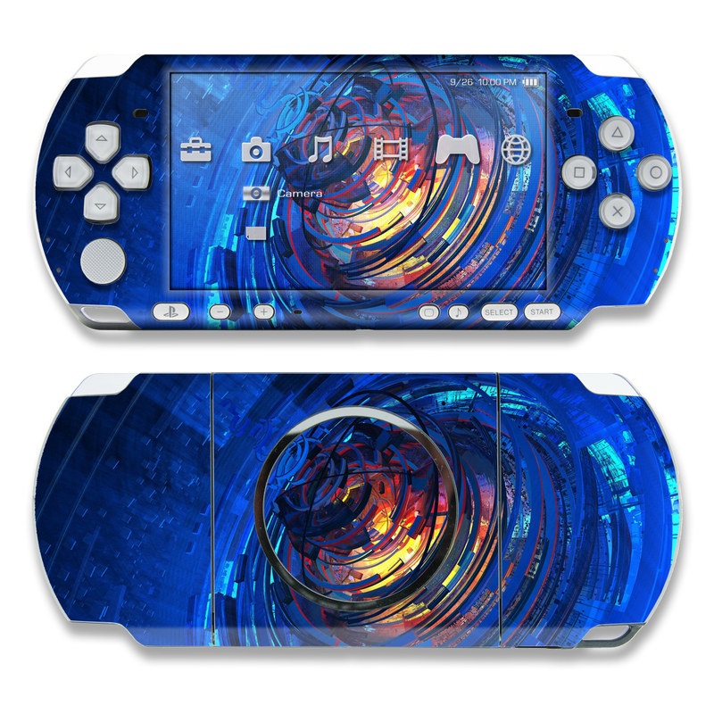 PSP 3rd Gen 3000 Skin design of Blue, Water, Circle, Vortex, Electric blue, Wave, Liquid, Graphics, Pattern, Colorfulness, with blue, orange, yellow colors