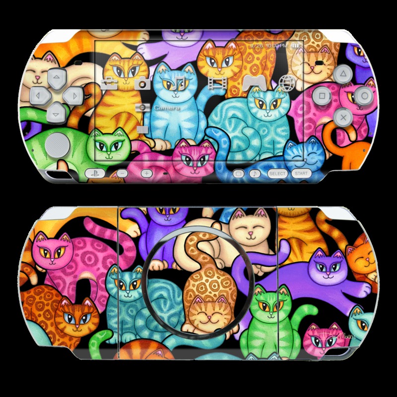 PSP 3rd Gen 3000 Skin design of Cat, Cartoon, Felidae, Organism, Small to medium-sized cats, Illustration, Animated cartoon, Wildlife, Kitten, Art, with black, blue, red, purple, green, brown colors