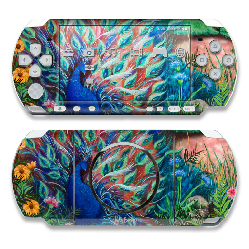 PSP 3rd Gen 3000 Skin design of Painting, Acrylic paint, Bird, Child art, Art, Galliformes, Peafowl, Visual arts, Watercolor paint, Plant, with black, red, gray, blue, green colors