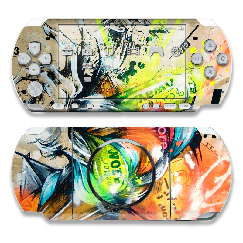 PSP 3rd Gen 3000 Skin design of Graphic design, Art, Illustration, Fictional character, Visual arts, Graphics, Painting, Watercolor paint, Modern art, Games, with gray, black, green, red, orange, pink colors