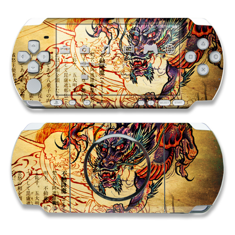 PSP 3rd Gen 3000 Skin design of Illustration, Fictional character, Art, Demon, Drawing, Visual arts, Dragon, Supernatural creature, Mythical creature, Mythology, with black, green, red, gray, pink, orange colors