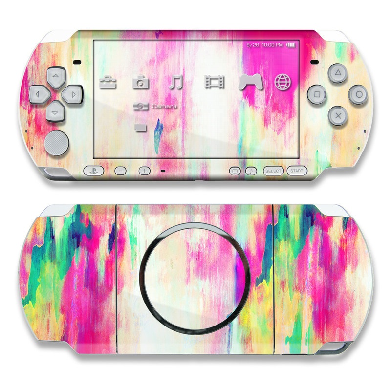 PSP 3rd Gen 3000 Skin design of Pink, Magenta, Art, Watercolor paint, Dye, Visual arts, Pattern, Modern art, Painting, Acrylic paint, with red, white, green colors