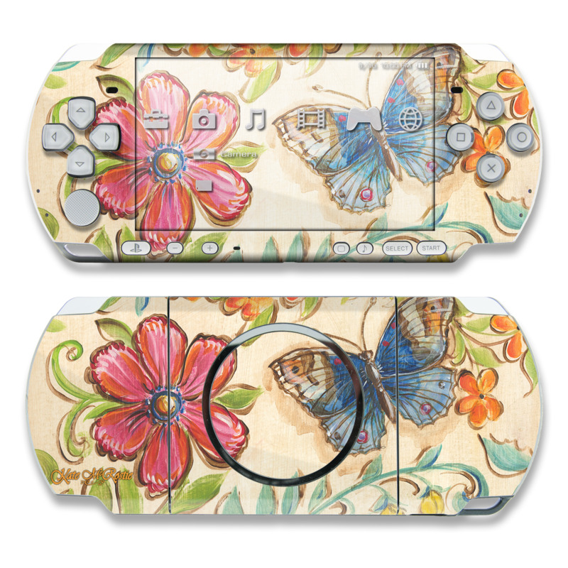 PSP 3rd Gen 3000 Skin design of Butterfly, Moths and butterflies, Insect, Pollinator, Plant, Pattern, Watercolor paint, Wildflower, Visual arts, Brush-footed butterfly, with gray, pink, green, red, orange, blue colors