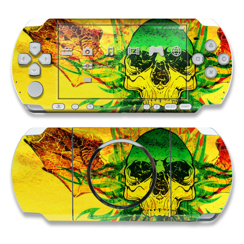 PSP 3rd Gen 3000 Skin design of Psychedelic art, Skull, Illustration, Bone, Art, Graphic design, Visual arts, Poster, Plant, Painting, with green, orange, black, red colors
