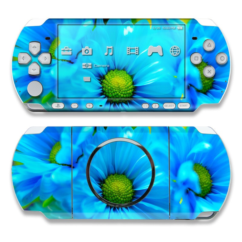 PSP 3rd Gen 3000 Skin design of Blue, Flower, Petal, Green, Plant, Cobalt blue, Yellow, Flowering plant, Gerbera, Electric blue, with blue, black, green colors