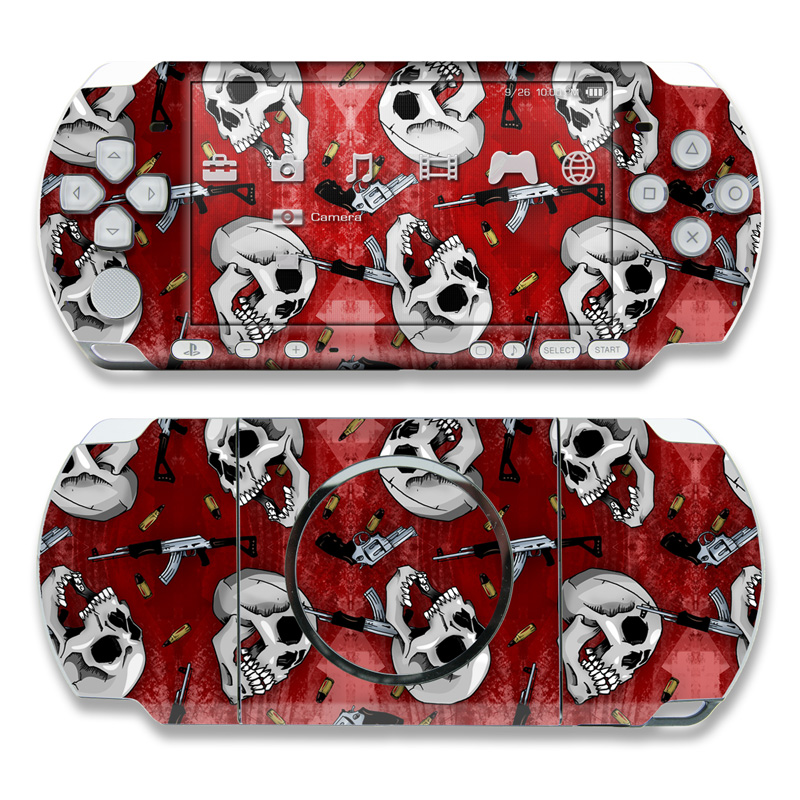 PSP 3rd Gen 3000 Skin design of Skull, Red, Bone, Personal protective equipment, Skeleton, Mask, Font, Sports gear, Headgear, Pattern, with black, red, gray colors