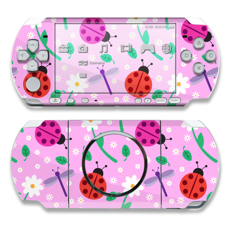 PSP 3rd Gen 3000 Skin design of Pink, Pattern, Design, Magenta, Clip art, Plant, Visual arts, Ladybug, Child art, Illustration, with pink, white, purple, gray, red, blue colors