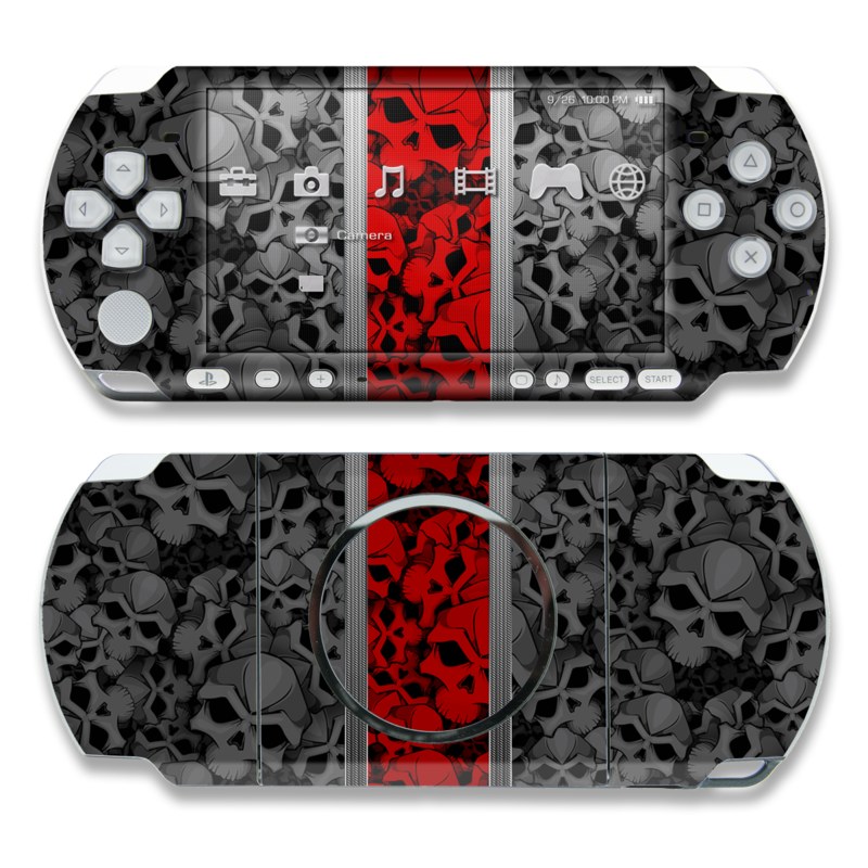 PSP 3rd Gen 3000 Skin design of Font, Text, Pattern, Design, Graphic design, Black-and-white, Monochrome, Graphics, Illustration, Art, with black, red, gray colors