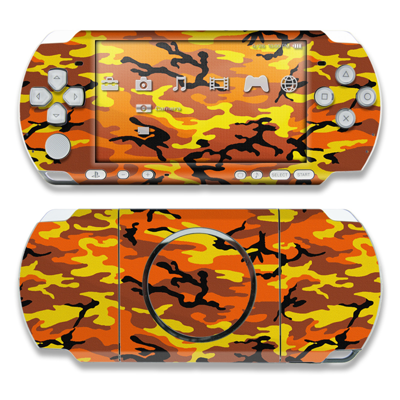 PSP 3rd Gen 3000 Skin design of Military camouflage, Orange, Pattern, Camouflage, Yellow, Brown, Uniform, Design, Tree, Wildlife, with red, green, black colors