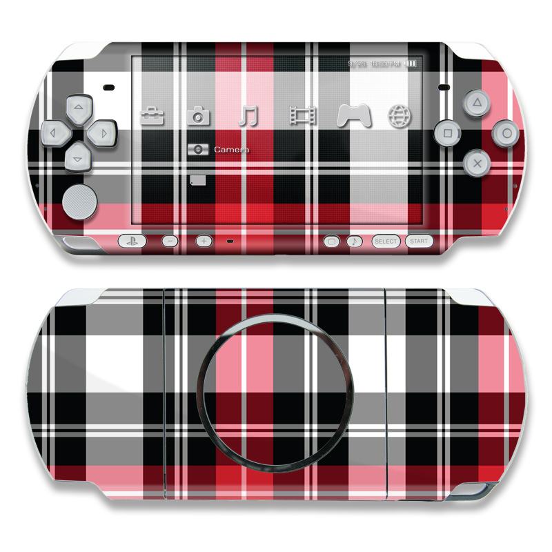 PSP 3rd Gen 3000 Skin design of Plaid, Tartan, Pattern, Red, Textile, Design, Line, Pink, Magenta, Square, with black, gray, pink, red, white colors