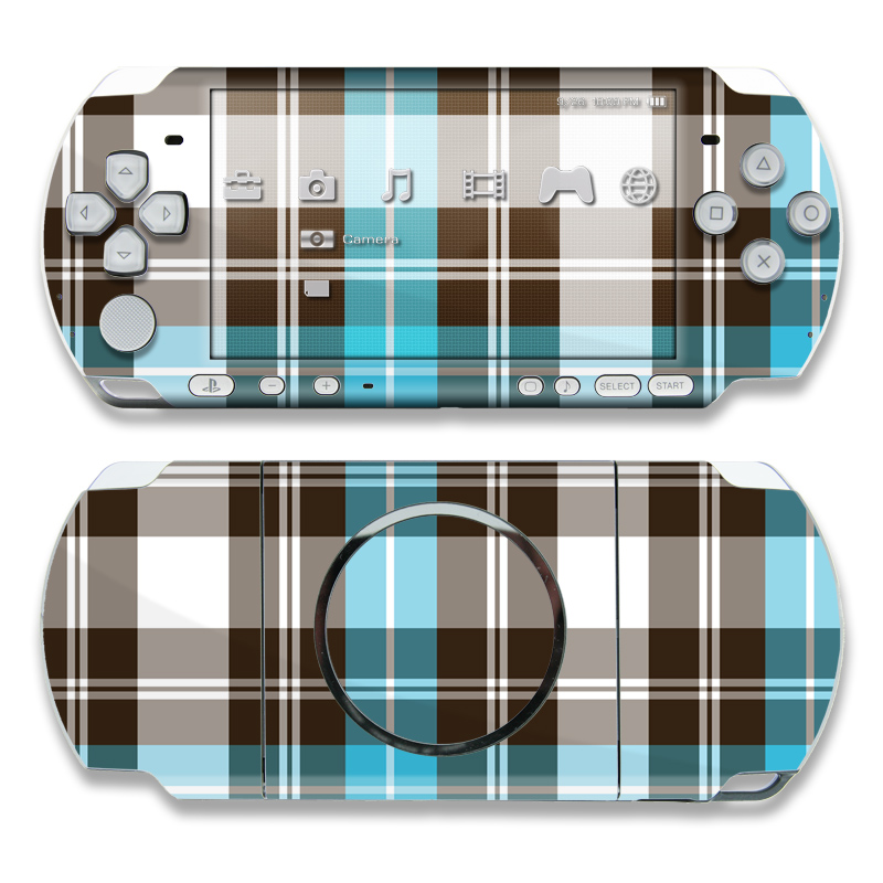 PSP 3rd Gen 3000 Skin design of Plaid, Pattern, Tartan, Turquoise, Textile, Design, Brown, Line, Tints and shades, with gray, black, blue, white colors
