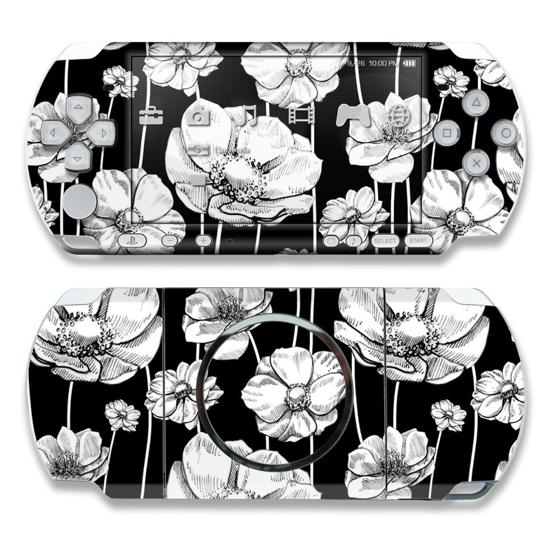 PSP 3rd Gen 3000 Skin design of Flower, Black-and-white, Plant, Botany, Petal, Design, Wildflower, Monochrome photography, Pattern, Monochrome, with black, gray, white colors