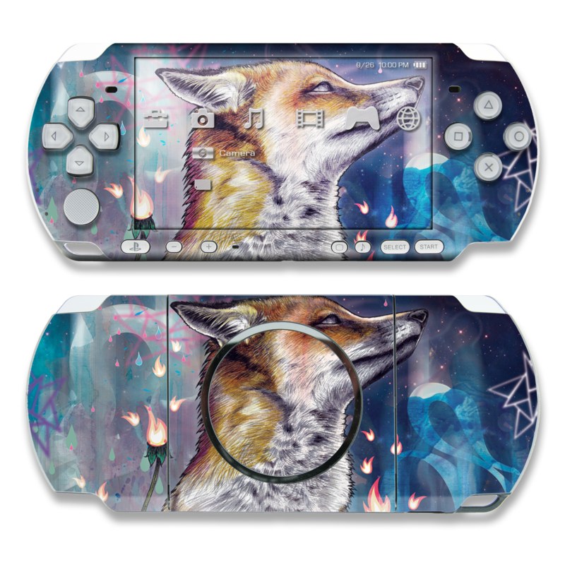 PSP 3rd Gen 3000 Skin design of Red fox, Art, Wildlife, Canidae, Illustration, Fox, Carnivore, Painting, Dhole, Red wolf, with black, gray, blue, red, green colors