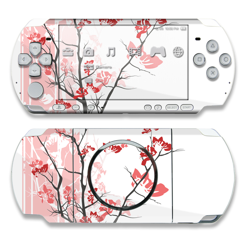PSP 3rd Gen 3000 Skin design of Branch, Red, Flower, Plant, Tree, Twig, Blossom, Botany, Pink, Spring, with white, pink, gray, red, black colors