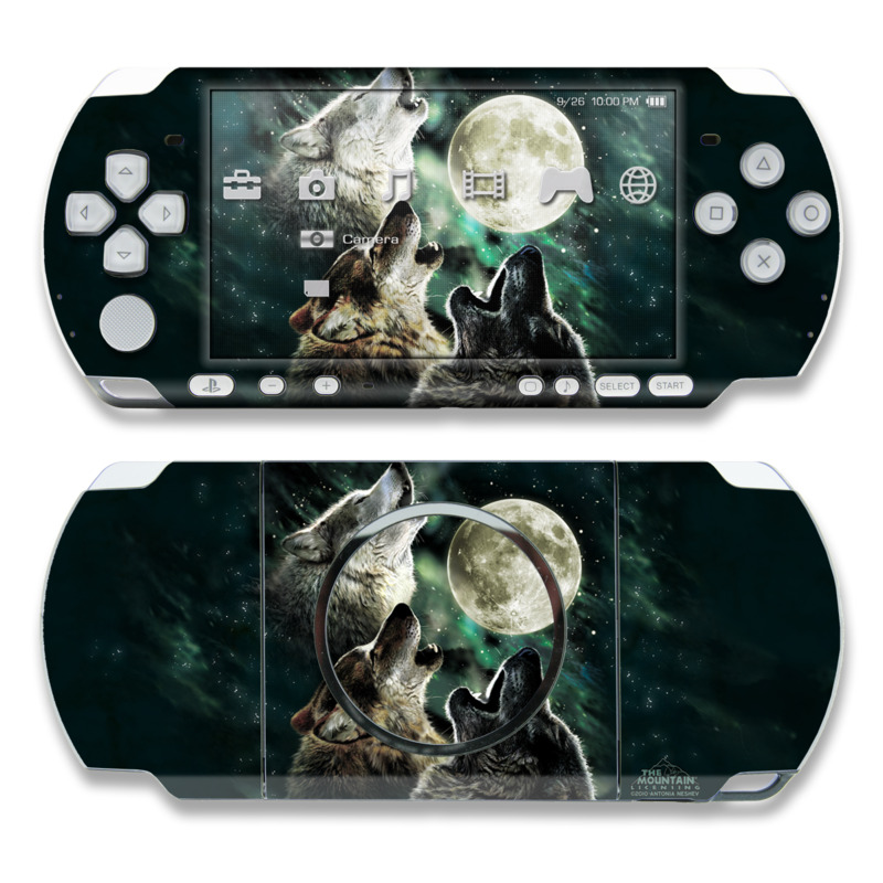PSP 3rd Gen 3000 Skin design of Wolf, Light, Astronomical object, Moon, Wildlife, Organism, Moonlight, Sky, Atmosphere, Celestial event, with black, gray, green colors