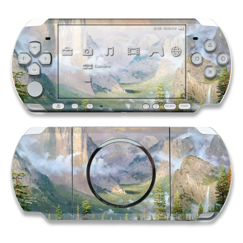 PSP 3rd Gen 3000 Skin design of Mountainous landforms, Natural landscape, Mountain, Nature, Sky, Painting, Highland, Atmospheric phenomenon, Wilderness, Valley, with gray, black, pink, purple, yellow, green colors