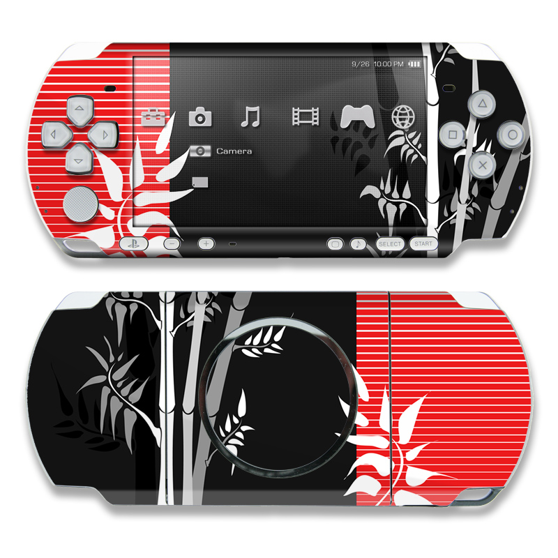 PSP 3rd Gen 3000 Skin design of Tree, Branch, Plant, Graphic design, Bamboo, Illustration, Plant stem, Black-and-white, with black, red, gray, white colors