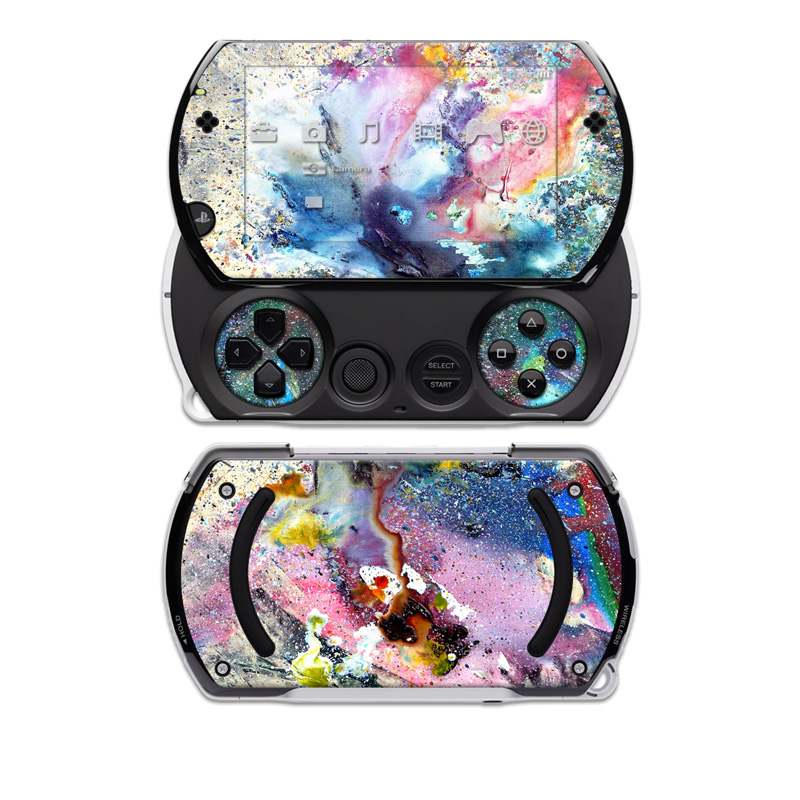 PSP go Skin design of Watercolor paint, Painting, Acrylic paint, Art, Modern art, Paint, Visual arts, Space, Colorfulness, Illustration, with gray, black, blue, red, pink colors
