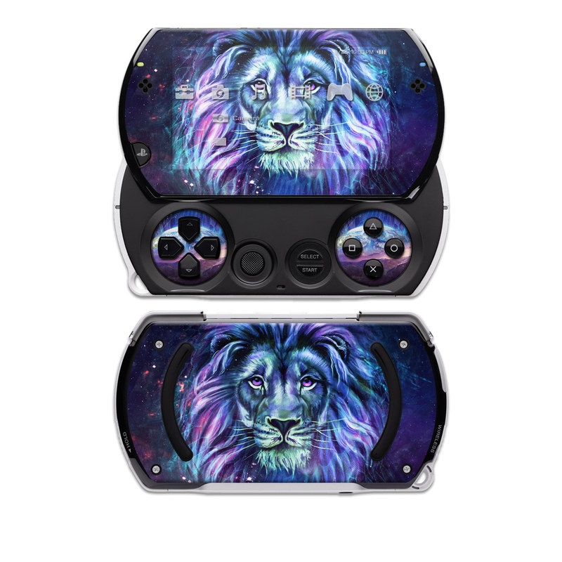 PSP go Skin design of Lion, Felidae, Purple, Wildlife, Big cats, Illustration, Darkness, Space, Painting, Art, with purple, blue, green, black, white, red colors