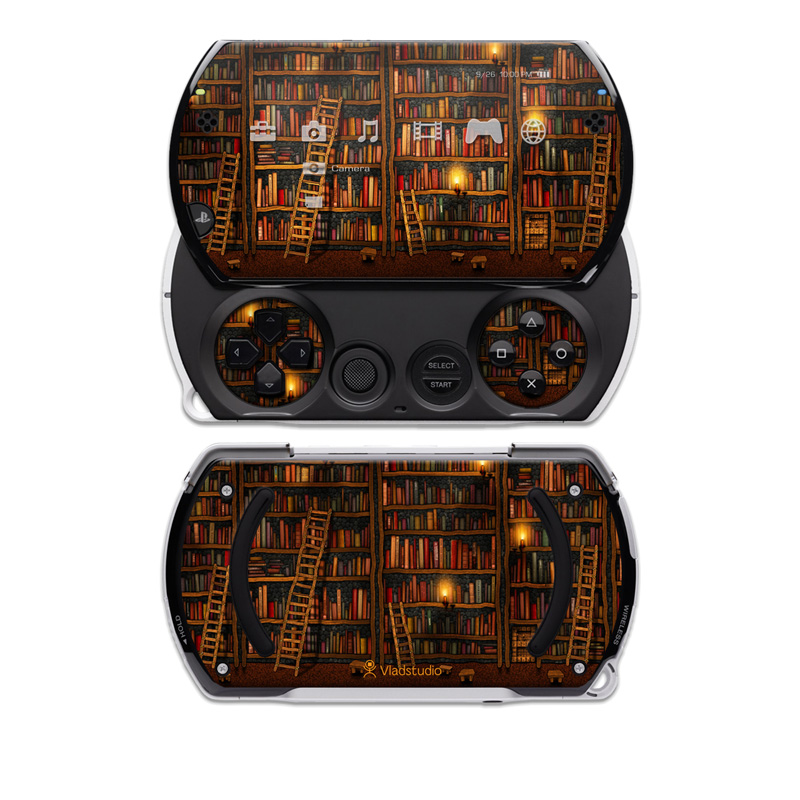 PSP go Skin design of Shelving, Library, Bookcase, Shelf, Furniture, Book, Building, Publication, Room, Darkness, with black, red colors