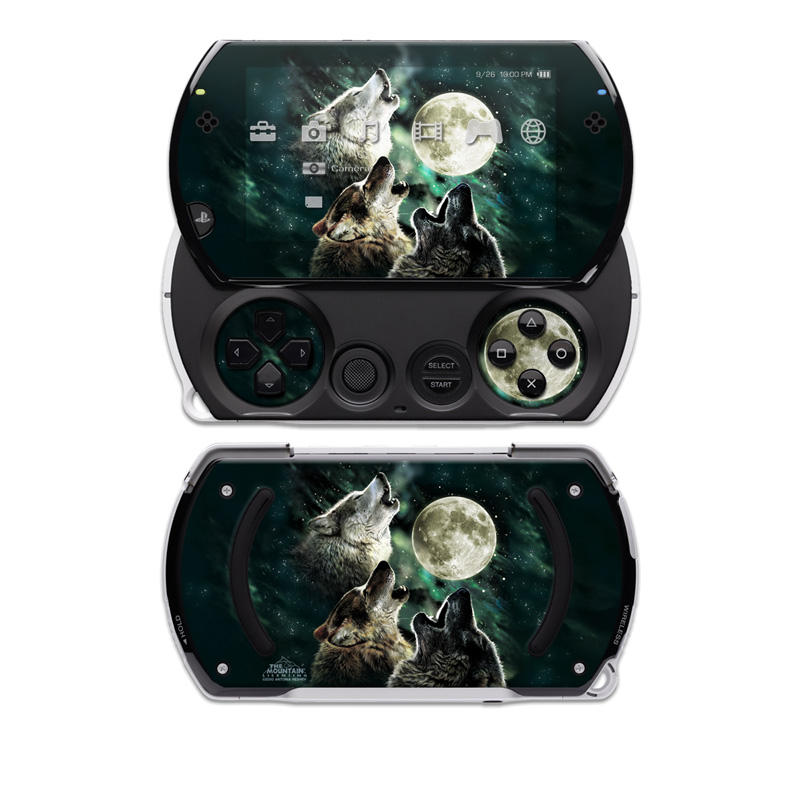 PSP go Skin design of Wolf, Light, Astronomical object, Moon, Wildlife, Organism, Moonlight, Sky, Atmosphere, Celestial event, with black, gray, green colors