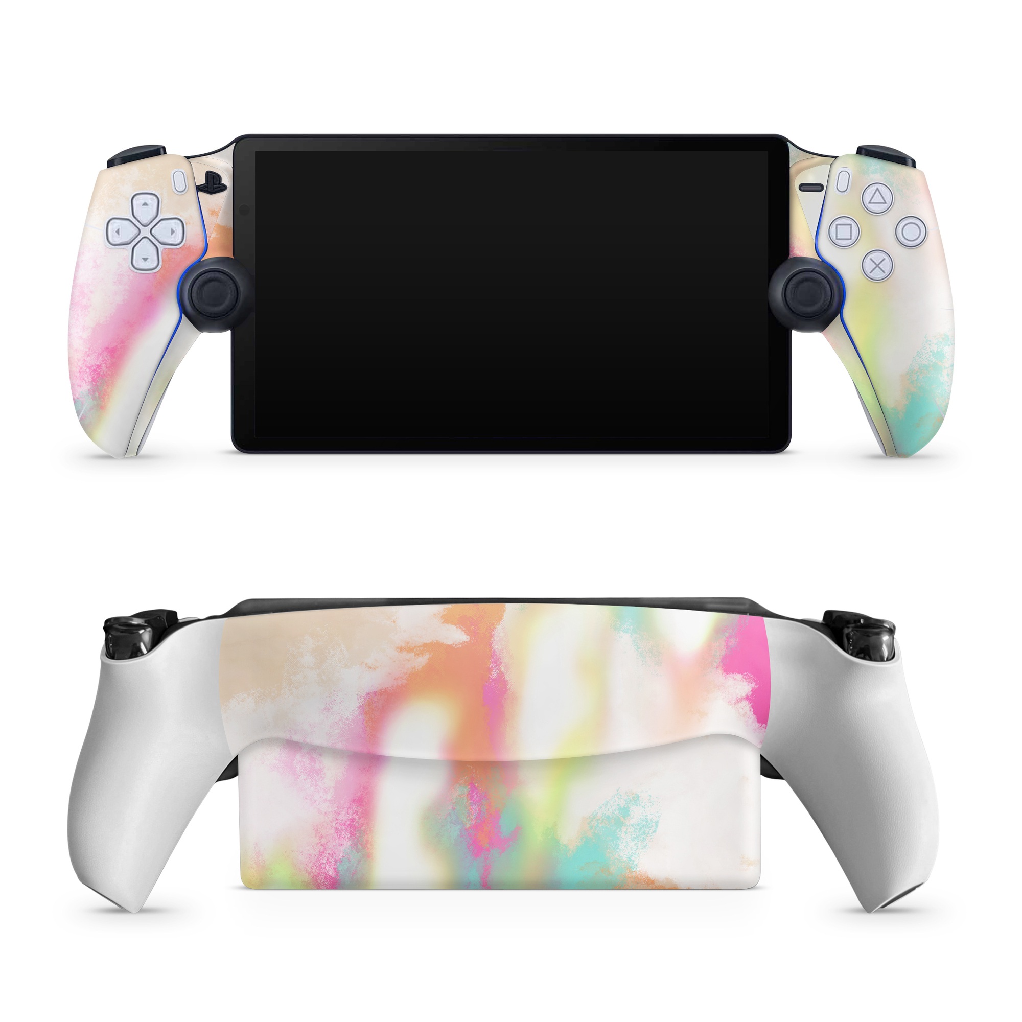 PlayStation Portal Skin design of Sky, Yellow, Orange, Pink, Art, Illustration, Visual Arts, Pattern, Colorfulness, Watercolor Paint, with white, pink, orange, yellow, blue, brown colors