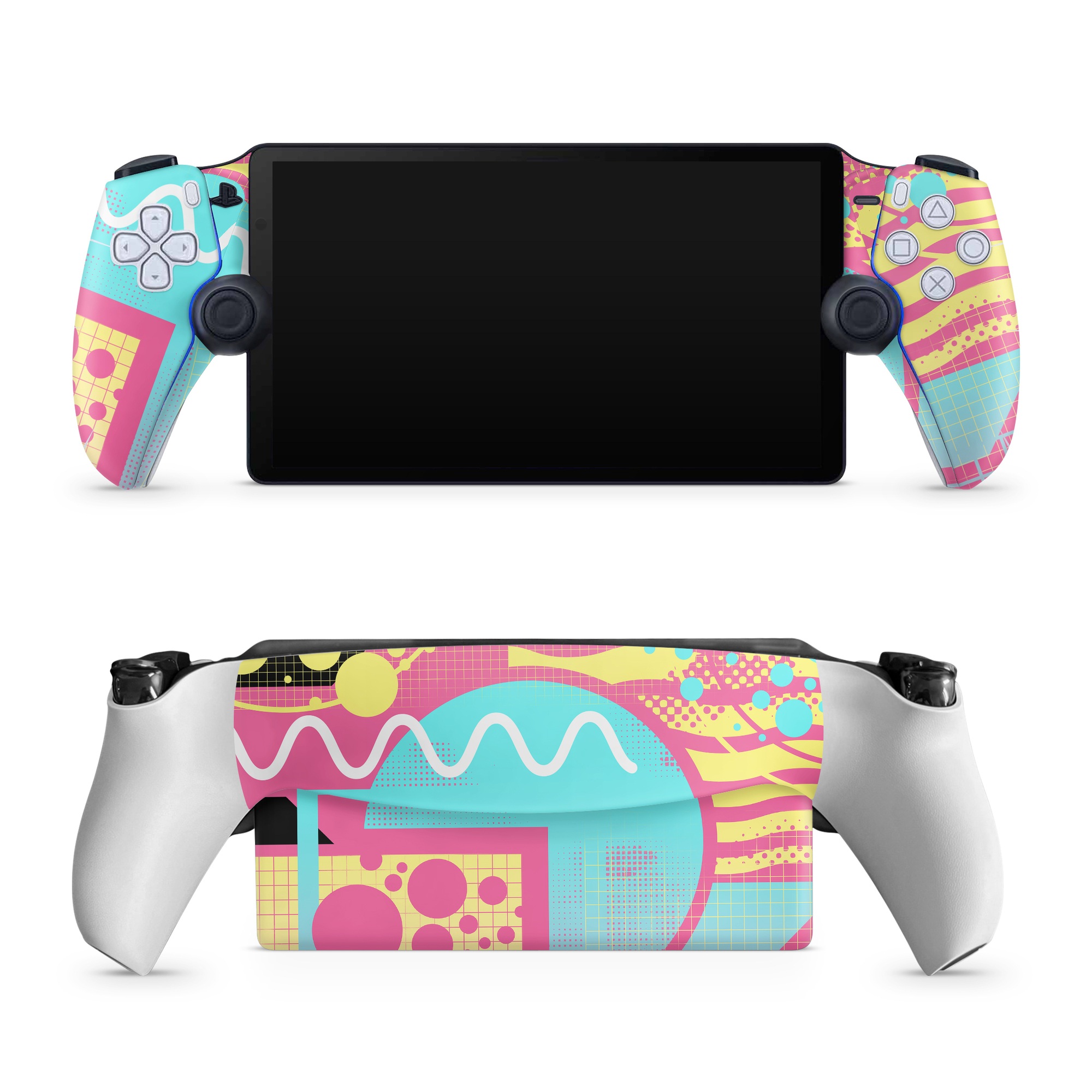 PlayStation Portal Skin design of Textile, Organism, Font, Art, Pink, Rectangle, Line, Aqua, Magenta, Circle, with pink, yellow, blue, black, white colors