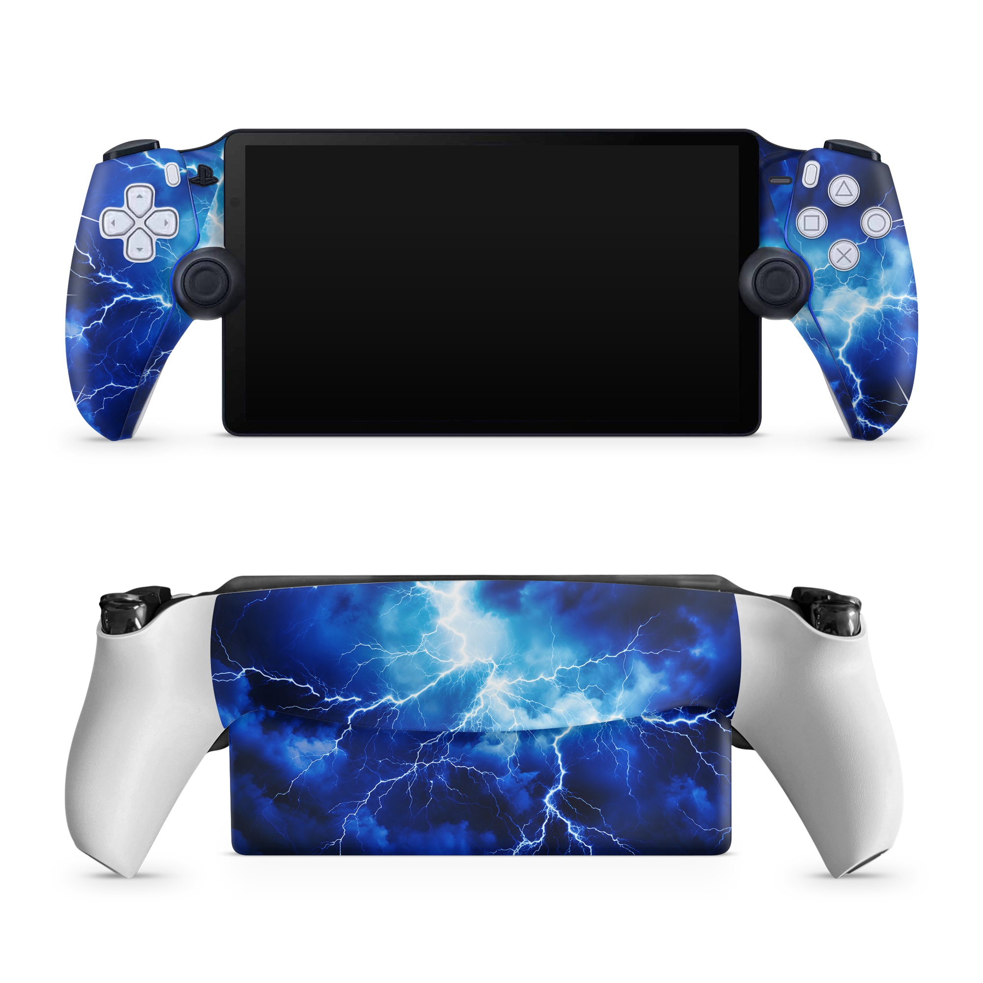 PlayStation Portal Skin design of Thunder, Sky, Atmosphere, Daytime, Cloud, Water, Lightning, Light, Azure, Natural environment, with black, blue colors