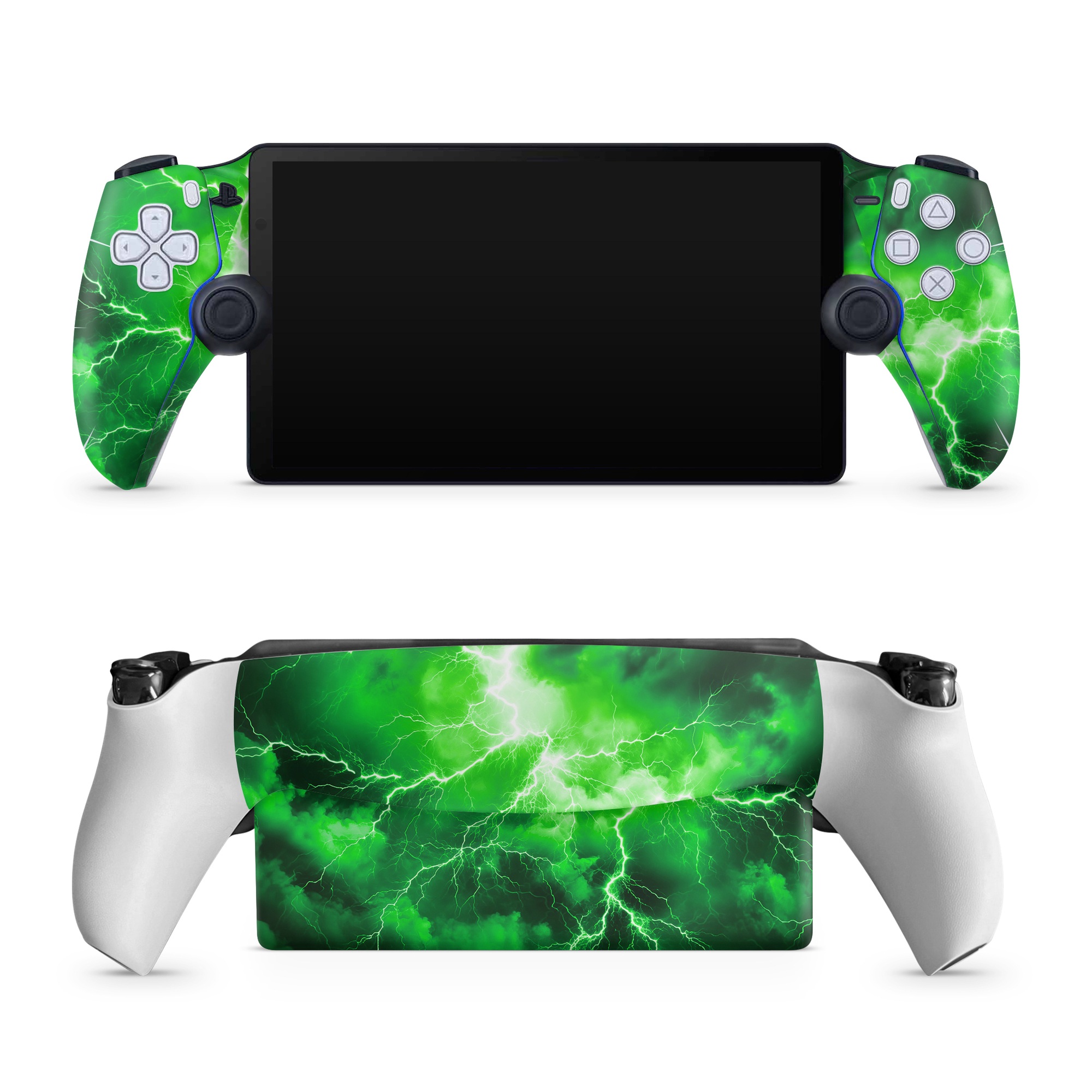PlayStation Portal Skin design of Water, Atmosphere, Thunder, Light, Green, Sky, Natural environment, Natural landscape, Electricity, Organism, with black, green colors
